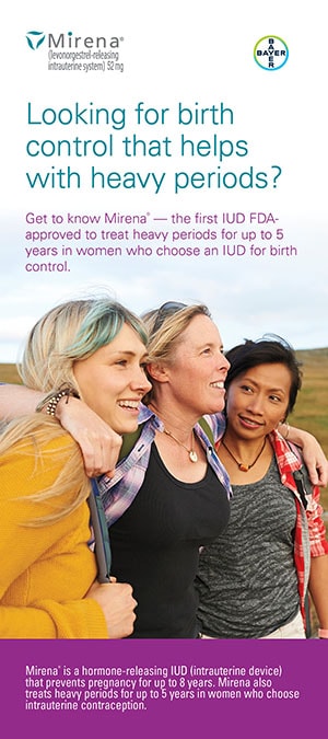 Mirena (levonorgestrel-releasing intrauterine system) 52 mg IUD patient brochure cover.